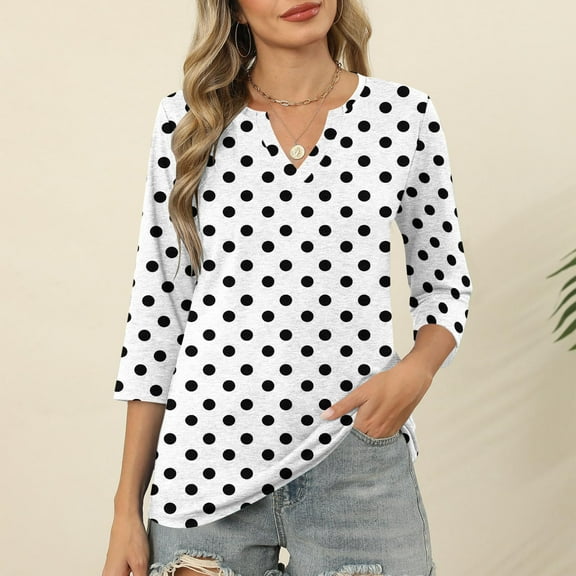 LADIGASU Ladies' Printed V-neck Three Quarter Sleeve 3/4 Sleeve T-shirt