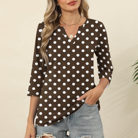 LADIGASU Ladies' Printed V-neck Three Quarter Sleeve 3/4 Sleeve T-shirt