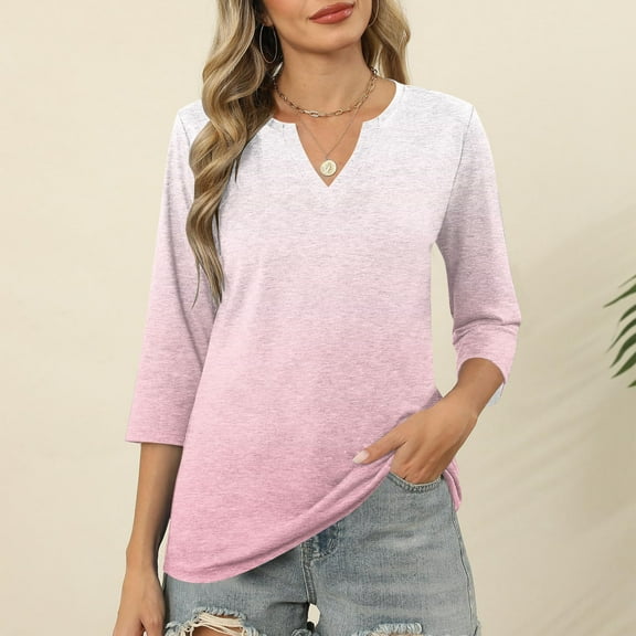 LADIGASU Ladies' Printed V-neck Three Quarter Sleeve 3/4 Sleeve T-shirt