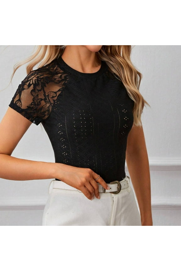 Ladies' Spring And Summer Casual Contrasting Lace Raglan Sleeves Short Sleeved Top Short Sleeved Round Neck Top/shirt