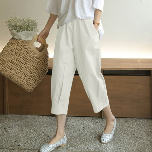 LADIGASU Loose Pants High Waist Wide Leg Pants Casual Linen Carrot Pants Cropped Pants