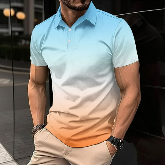 LADIGASU Men Casual Solid Short Sleeve Turn Down Collar Buttons T-Shirt Blouse