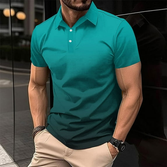 LADIGASU Men Casual Solid Short Sleeve Turn Down Collar Buttons T-Shirt Blouse