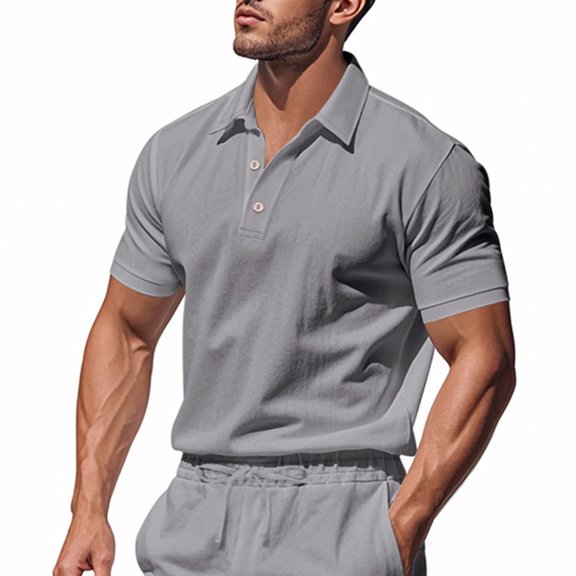 LADIGASU Men Casual Turndown Solid Pullover Fitness Sports Short Sleeves T Shirt Blouse
