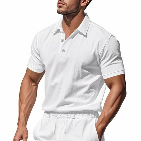 LADIGASU Men Casual Turndown Solid Pullover Fitness Sports Short Sleeves T Shirt Blouse