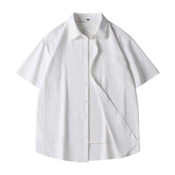 LADIGASU Men Solid Color Pocket Button Short Sleeve Turndown Collar Shirt