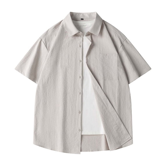 LADIGASU Men Solid Color Pocket Button Short Sleeve Turndown Collar Shirt