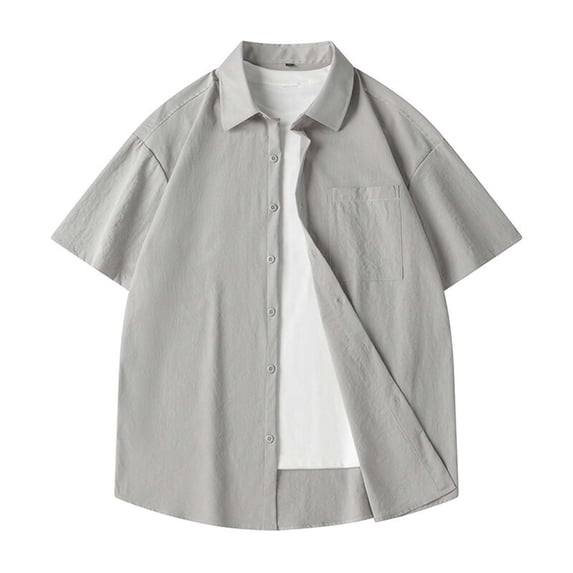 LADIGASU Men Solid Color Pocket Button Short Sleeve Turndown Collar Shirt
