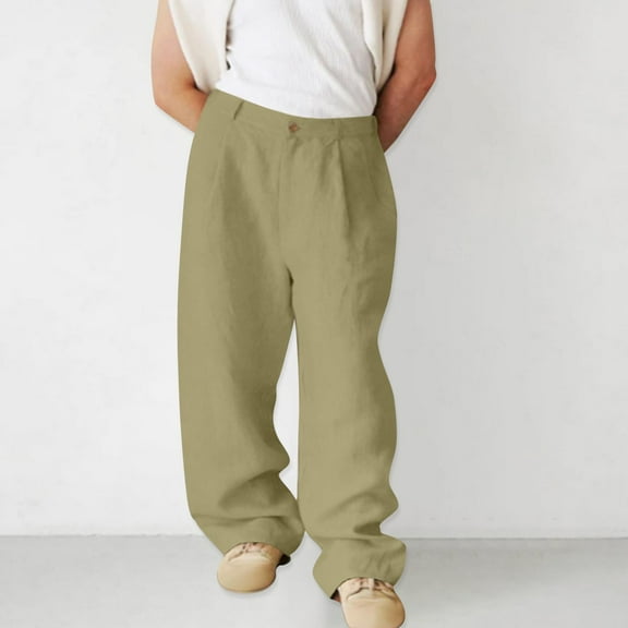 LADIGASU Men Solid Casual Multiple Zipper Button Pockets Outdoor Straight Type Fitness Pants Cargo Pants Trousers