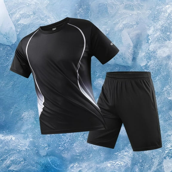 LADIGASU Men's Casual Sports Short Sleeved Shorts Drawstring Elastic Waist Set