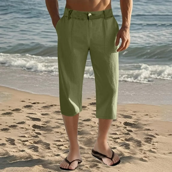 LADIGASU Men's Elastic Waist Breathable Comfortable Soft Beach Casual 3/4 Pants