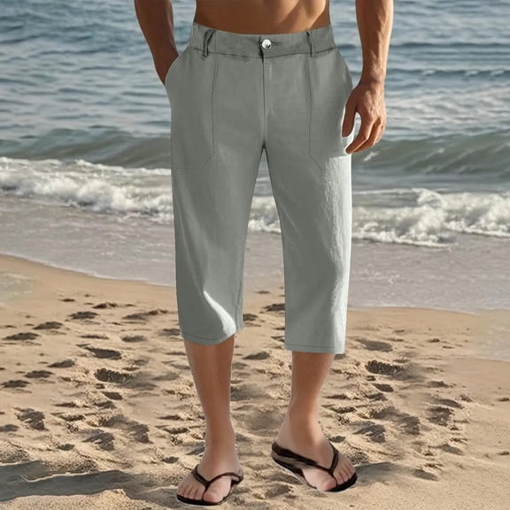 LADIGASU Men's Elastic Waist Breathable Comfortable Soft Beach Casual 3/4 Pants