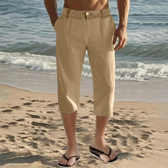 LADIGASU Men's Elastic Waist Breathable Comfortable Soft Beach Casual 3/4 Pants