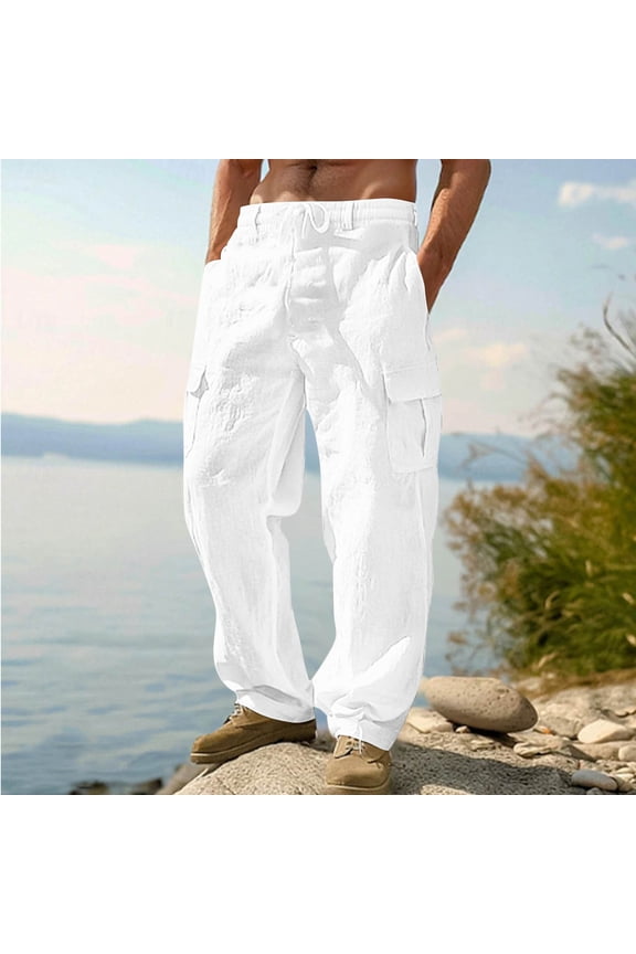 Men's able Solid Color Retro Multi Pocket Workwear Drawstring Casual Pants