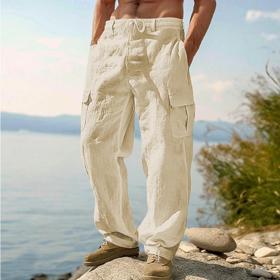 LADIGASU Men's able Solid Color Retro Multi Pocket Workwear Drawstring Casual Pants