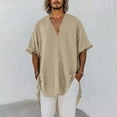 thumbnail image 1 of LADIGASU Men's Loose Solid Color V-Neck Half Sleeve Loose Lapel Cotton And Linen Tunic Summer Shirt Blouse, 1 of 6