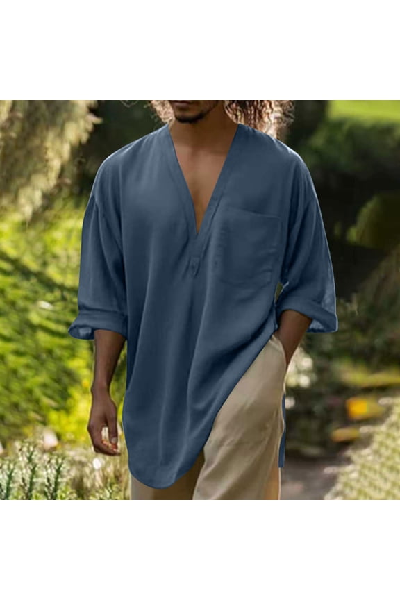 Men's Loose Solid Color V-Neck Half Sleeve Loose Lapel Cotton And Linen Tunic Summer Shirt Blouse