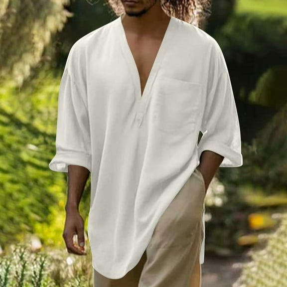 LADIGASU Men's Loose Solid Color V-Neck Half Sleeve Loose Lapel Cotton And Linen Tunic Summer Shirt Blouse