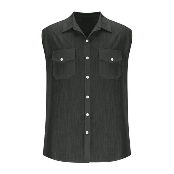 LADIGASU Men'sCasual And able Loose Button Sleeveless Stand Up Collar Shirt