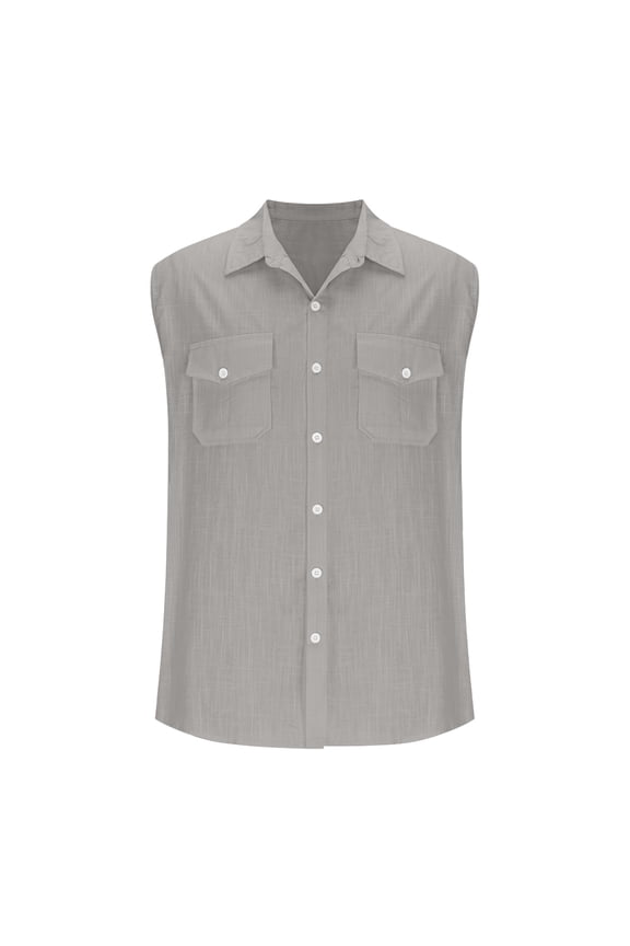 Men'sCasual And able Loose Button Sleeveless Stand Up Collar Shirt