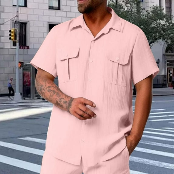 LADIGASU Men's Solid Color Buttons Outdoors Breathable Short Sleeve Turndown Collar Blouse