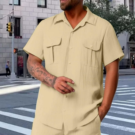 LADIGASU Men's Solid Color Buttons Outdoors Breathable Short Sleeve Turndown Collar Blouse