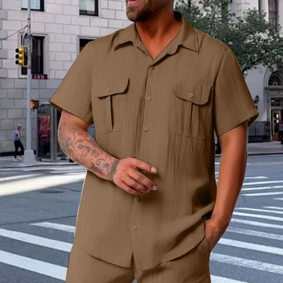 LADIGASU Men's Solid Color Buttons Outdoors Breathable Short Sleeve Turndown Collar Blouse