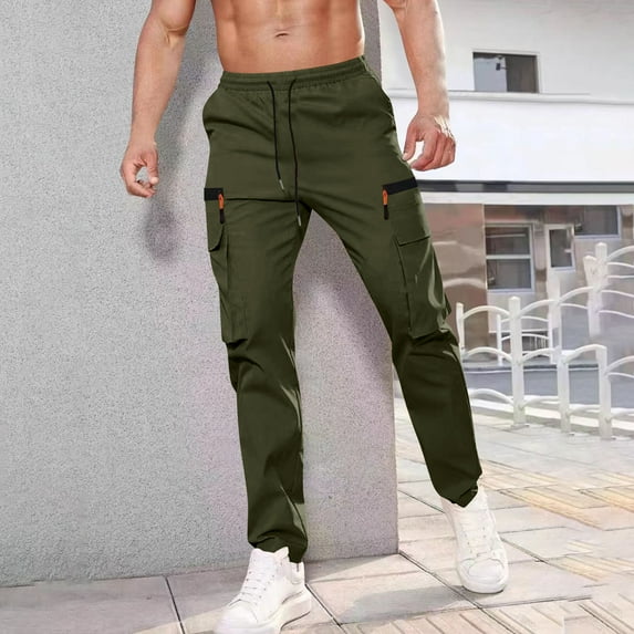 LADIGASU Men's Solid Color Casual Elastic Waistband Drawstring Pocket Workwear Pants
