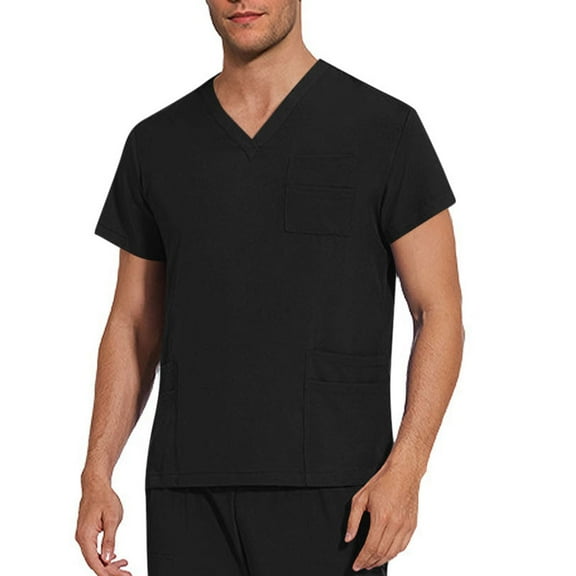 LADIGASU Men's Solid Color V-neck Pocket Caregiver Short Sleeved Nurse Uniform Blouses