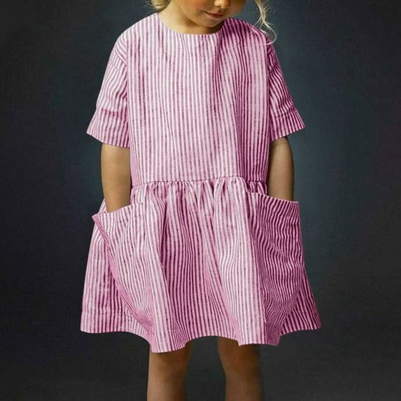 LADIGASU Middle-aged Children Cotton And Linen Striped Casual Round Neck Short Sleeved Dress With Pockets