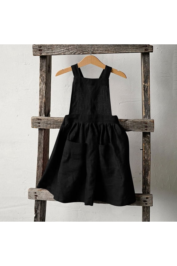 Middle-aged Children Solid Color Cotton And Linen Back Button Up Dress Suspender Skirt With Pockets