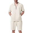 thumbnail image 1 of LADIGASU Summer Men's Casual Solid Color Short Sleeved Lapel Drawstring Elastic Waist Set, 1 of 4