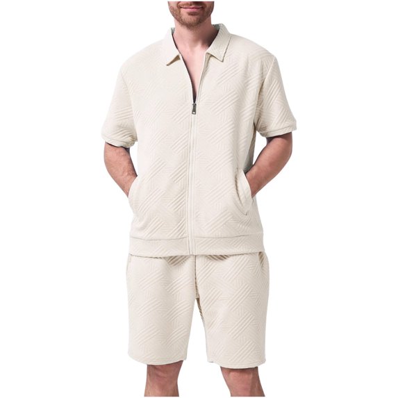 LADIGASU Summer Men's Casual Solid Color Short Sleeved Lapel Drawstring Elastic Waist Set