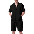 thumbnail image 1 of LADIGASU Summer Men's Casual Solid Color Short Sleeved Lapel Drawstring Elastic Waist Set, 1 of 4