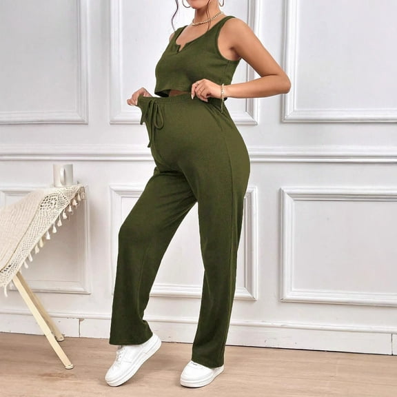 LADIGASU Summer Solid Color Sleeveless With Drawstring Trousers Fashionable Maternity Suit