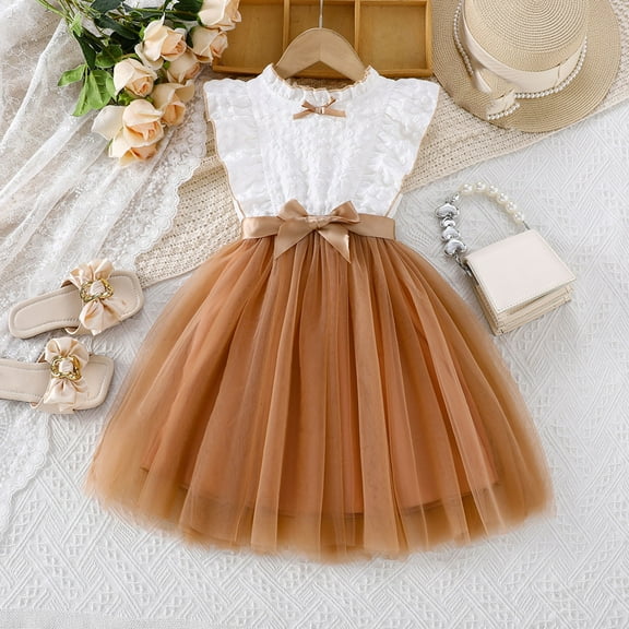 LADIGASU Toddler Kids Kids Cute Solid Color Mesh Sleeveless Belt Dress