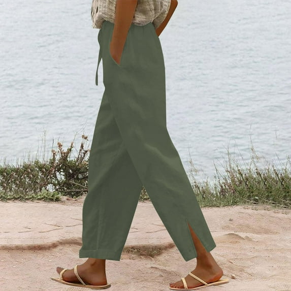 Summer Savings Clearance! LADIGASU Women Casual Cotton Linen Drawstring Elastic Waist Long Wide Leg Pants