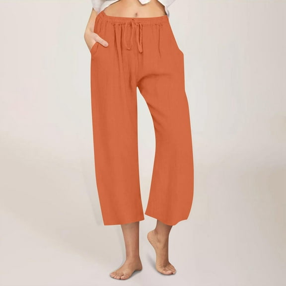 LADIGASU Women Casual Linen Drawstring Elastic Waist Wide Leg Pants Cropped Trousers