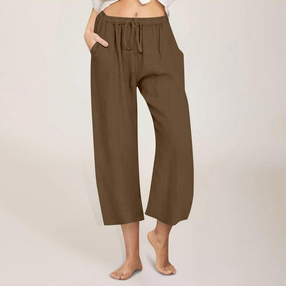 LADIGASU Women Casual Linen Drawstring Elastic Waist Wide Leg Pants Cropped Trousers