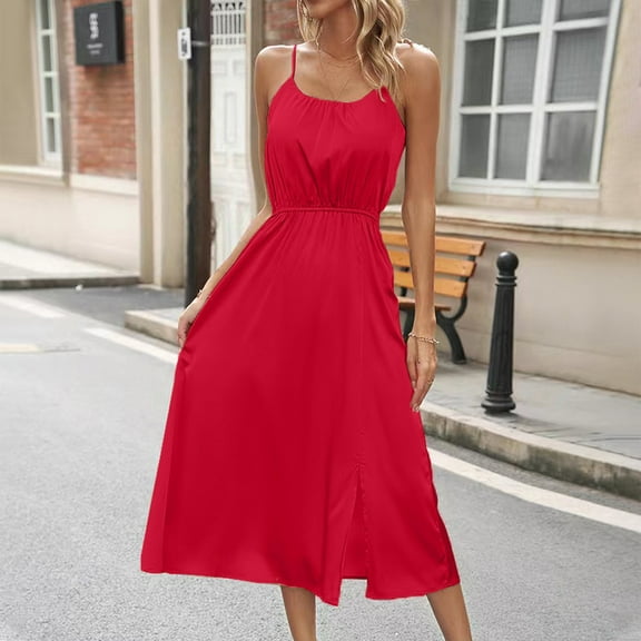 LADIGASU Women Casual Open Back Adjustable Straps Slim Fitting Solid Elegant Temperament Sling Dresses