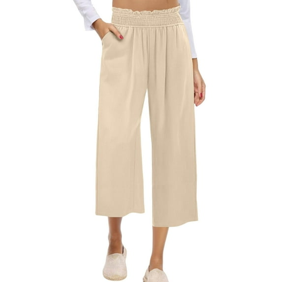 LADIGASU Women Casual Solid Color Summer Pants Cotton Pants Drawstring Pants