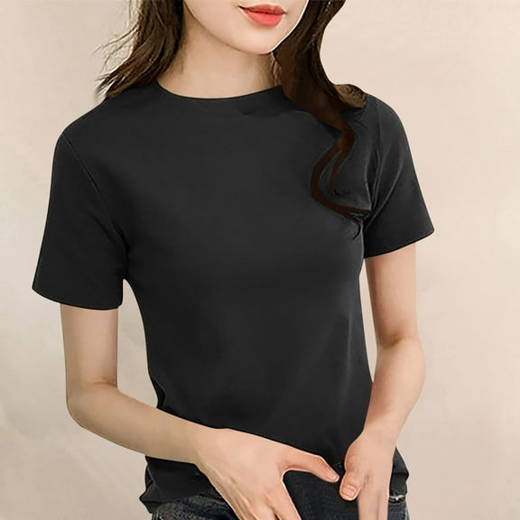 LADIGASU WomenSolid-color Round-neck Short-sleeved Pullover Casual T-shirt