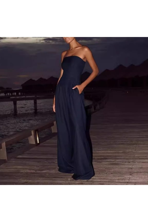 Women'S Summer Women'S Pocket Figure-Hugging Strapless Solid Color Long Jumpsuit