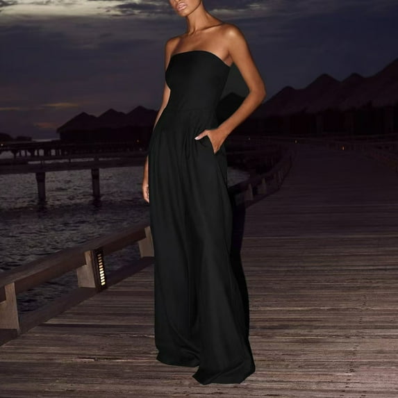 LADIGASU Women'S Summer Women'S Pocket Figure-Hugging Strapless Solid Color Long Jumpsuit