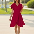thumbnail image 1 of LADIGASU Women Sexy Elegant Solid Color V-Neck Waist Irregular Split Short Ruffle Sleeve Dress, 1 of 9