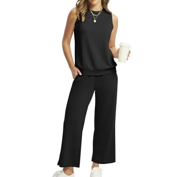 LADIGASU Women Solid Two Piece Sets For Women Summer Vacation Travel Outfits Round Neck Lounge Matching Sets