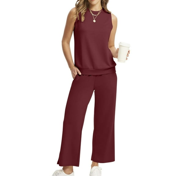 LADIGASU Women Solid Two Piece Sets For Women Summer Vacation Travel Outfits Round Neck Lounge Matching Sets