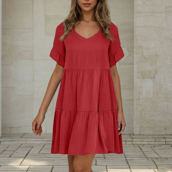 LADIGASU Women's Casual Solid Color V-Neck Pullover Short Sleeve Short Skirt Dress