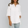 thumbnail image 1 of LADIGASU Women's Casual Solid Color V-neck Hem With Side Slit Cotton And Linen Short Sleeved Blouse, 1 of 9