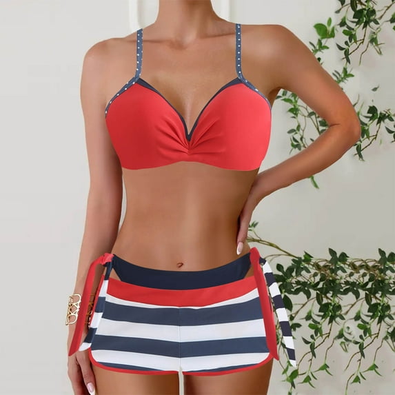 LADIGASU Women's Color Block Print Sexy Adjustable Backless Bikinis Sets